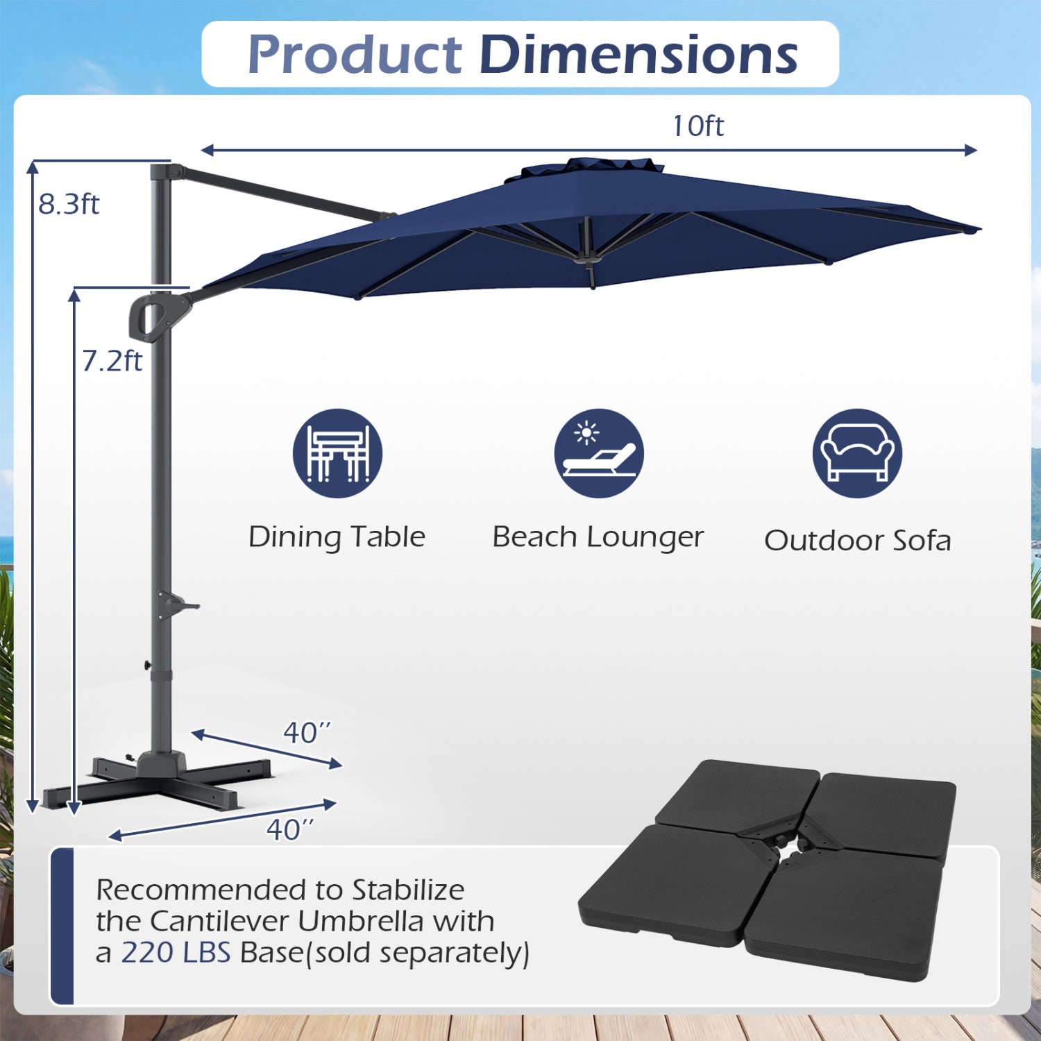 10 Feet Patio Cantilever Umbrella, Easy Tilt Adjustment, Navy Outdoor Umbrellas at Gallery Canada