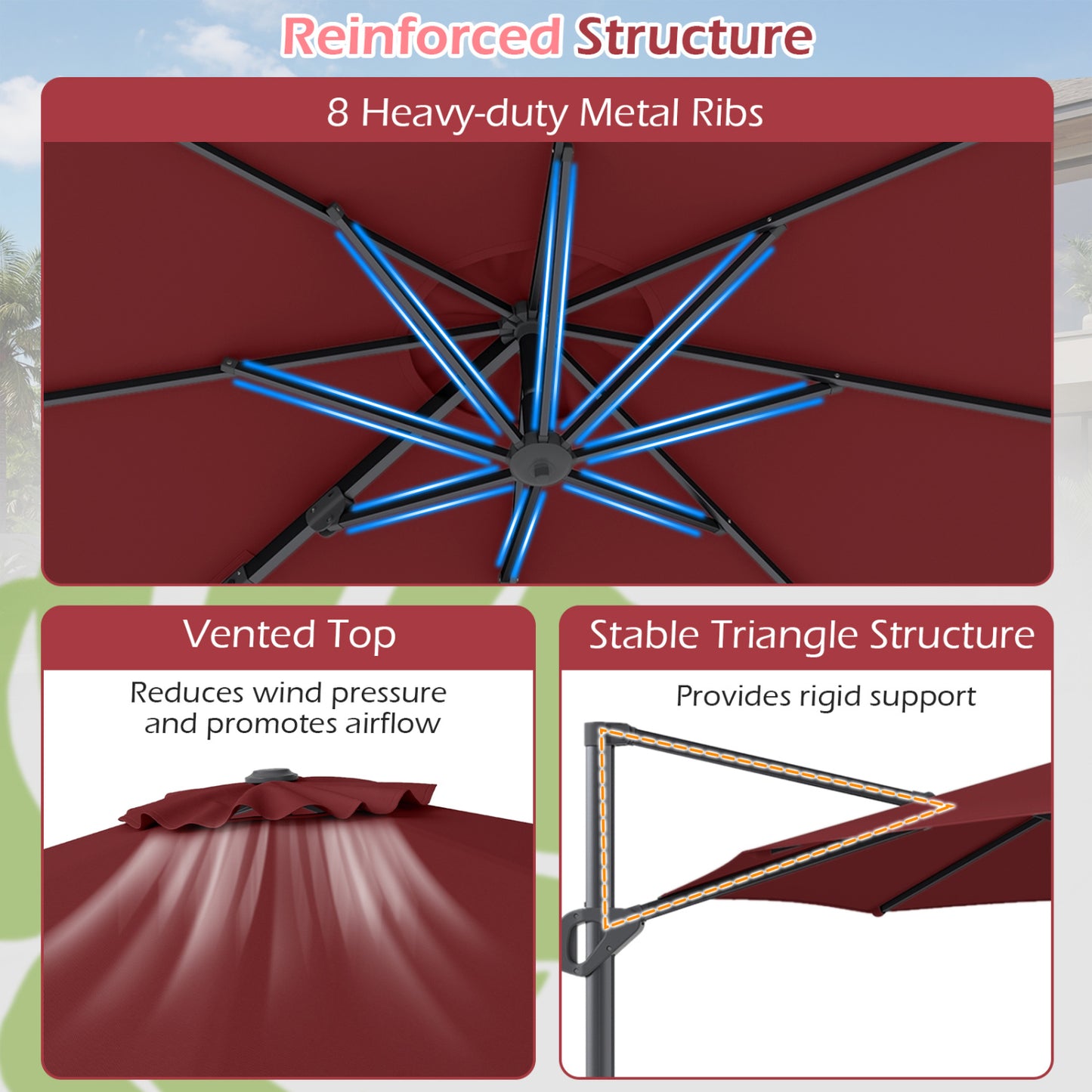 10 Feet Patio Cantilever Umbrella, Easy Tilt Adjustment, Wine Outdoor Umbrellas at Gallery Canada