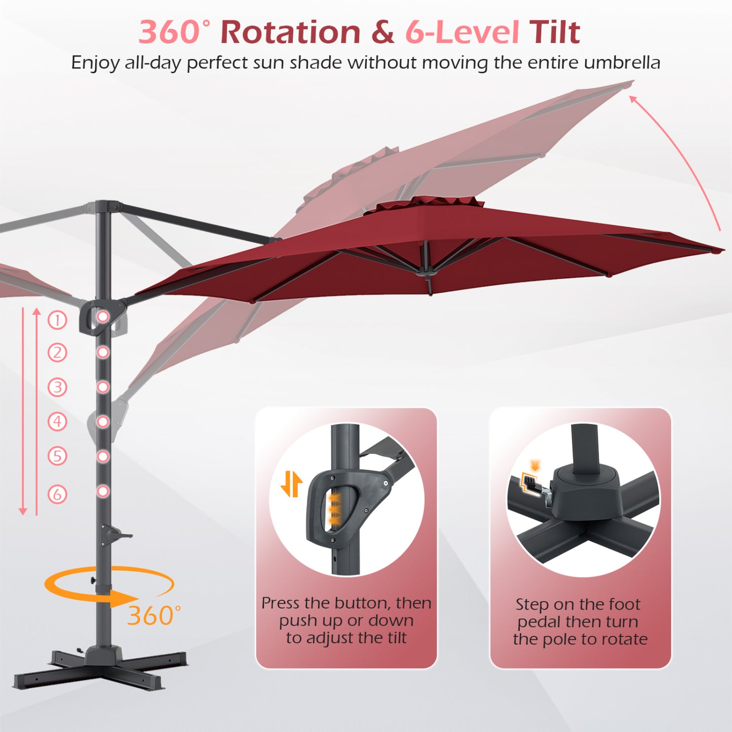 10 Feet Patio Cantilever Umbrella, Easy Tilt Adjustment, Wine Outdoor Umbrellas at Gallery Canada