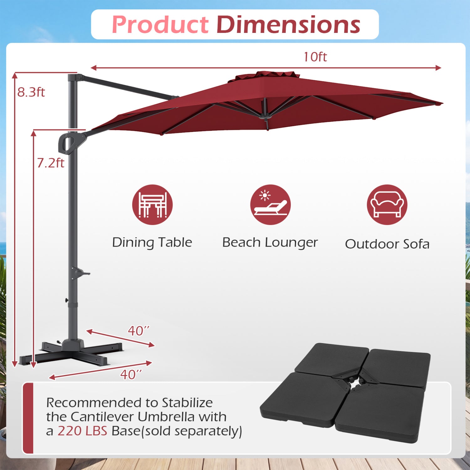 10 Feet Patio Cantilever Umbrella, Easy Tilt Adjustment, Wine Outdoor Umbrellas at Gallery Canada