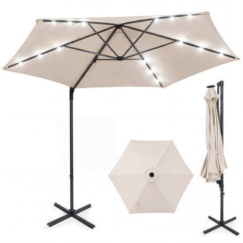 10 Feet Patio Cantilever Umbrella, Solar LED Lights, Beige