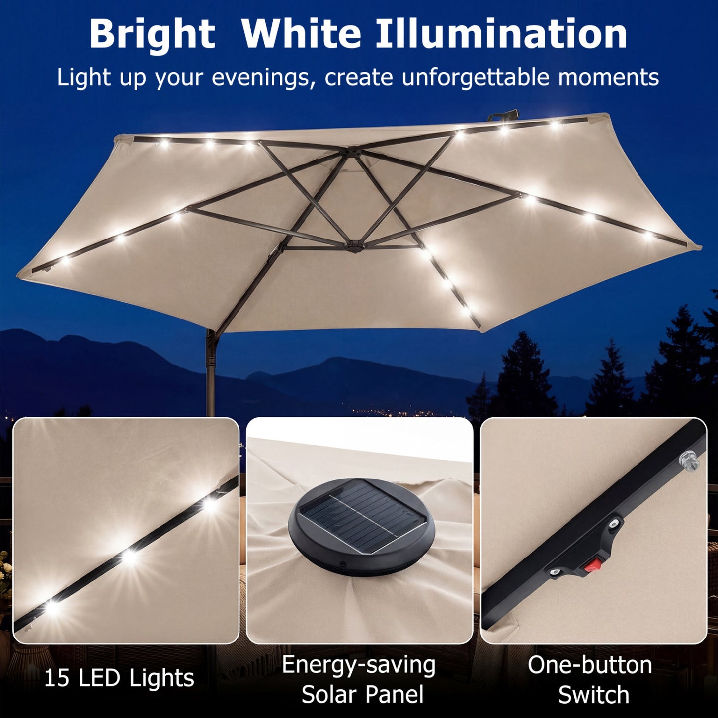 10 Feet Patio Cantilever Umbrella, Solar LED Lights, Beige Outdoor Umbrellas at Gallery Canada