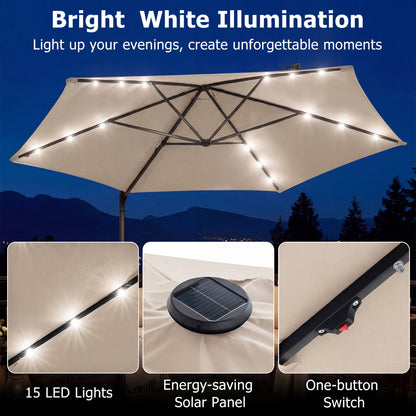 10 Feet Patio Cantilever Umbrella, Solar LED Lights, Beige Outdoor Umbrellas at Gallery Canada