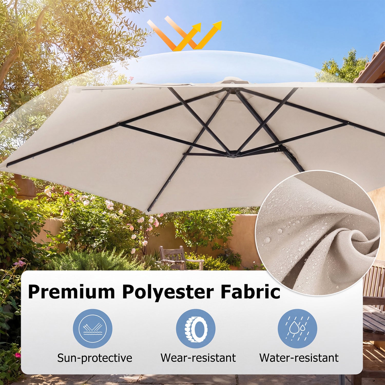 10 Feet Patio Cantilever Umbrella, Solar LED Lights, Beige Outdoor Umbrellas at Gallery Canada