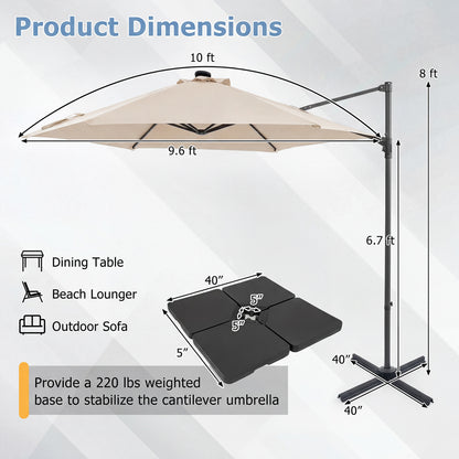 10 Feet Patio Cantilever Umbrella, Solar LED Lights, Beige Outdoor Umbrellas at Gallery Canada