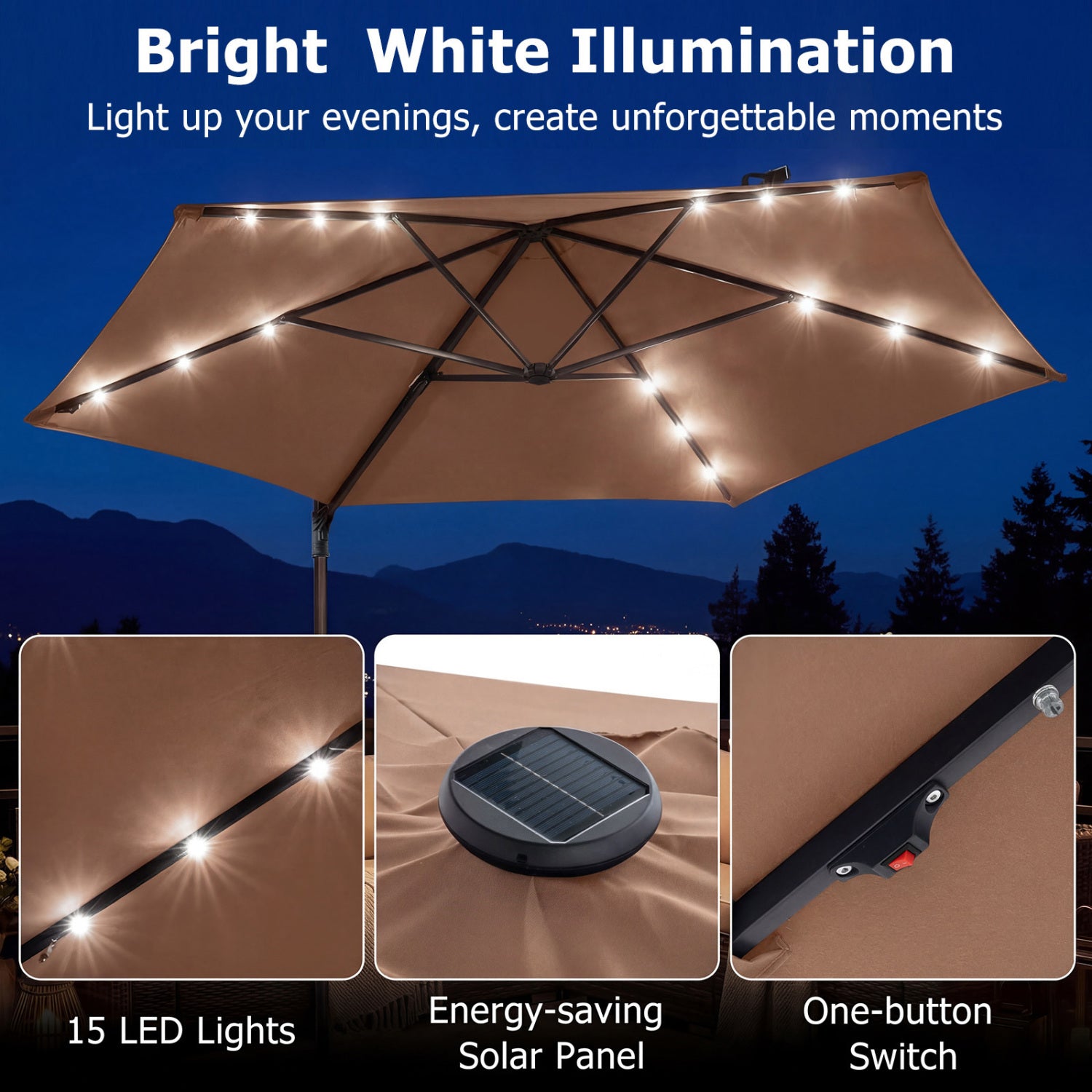 10 Feet Patio Cantilever Umbrella With Solar LED Lights, Tan Outdoor Umbrellas at Gallery Canada