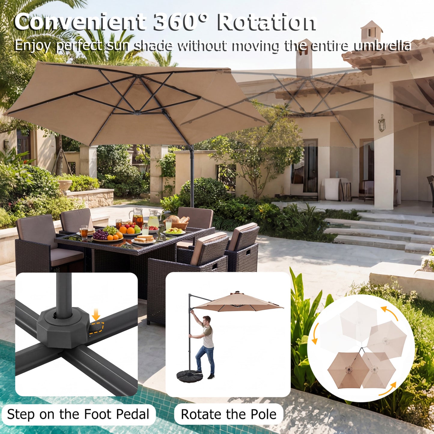 10 Feet Patio Cantilever Umbrella With Solar LED Lights, Tan Outdoor Umbrellas at Gallery Canada