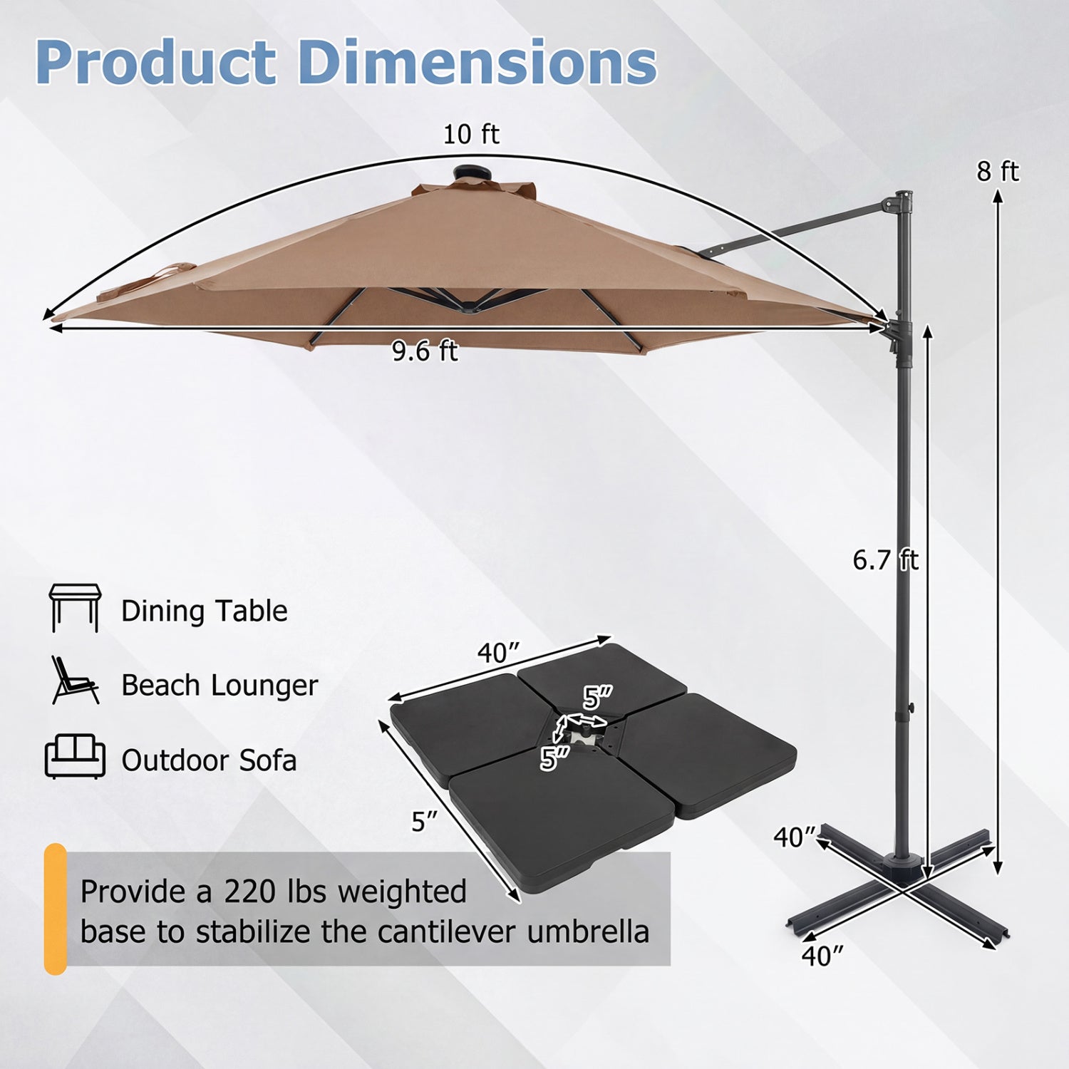 10 Feet Patio Cantilever Umbrella With Solar LED Lights, Tan Outdoor Umbrellas at Gallery Canada