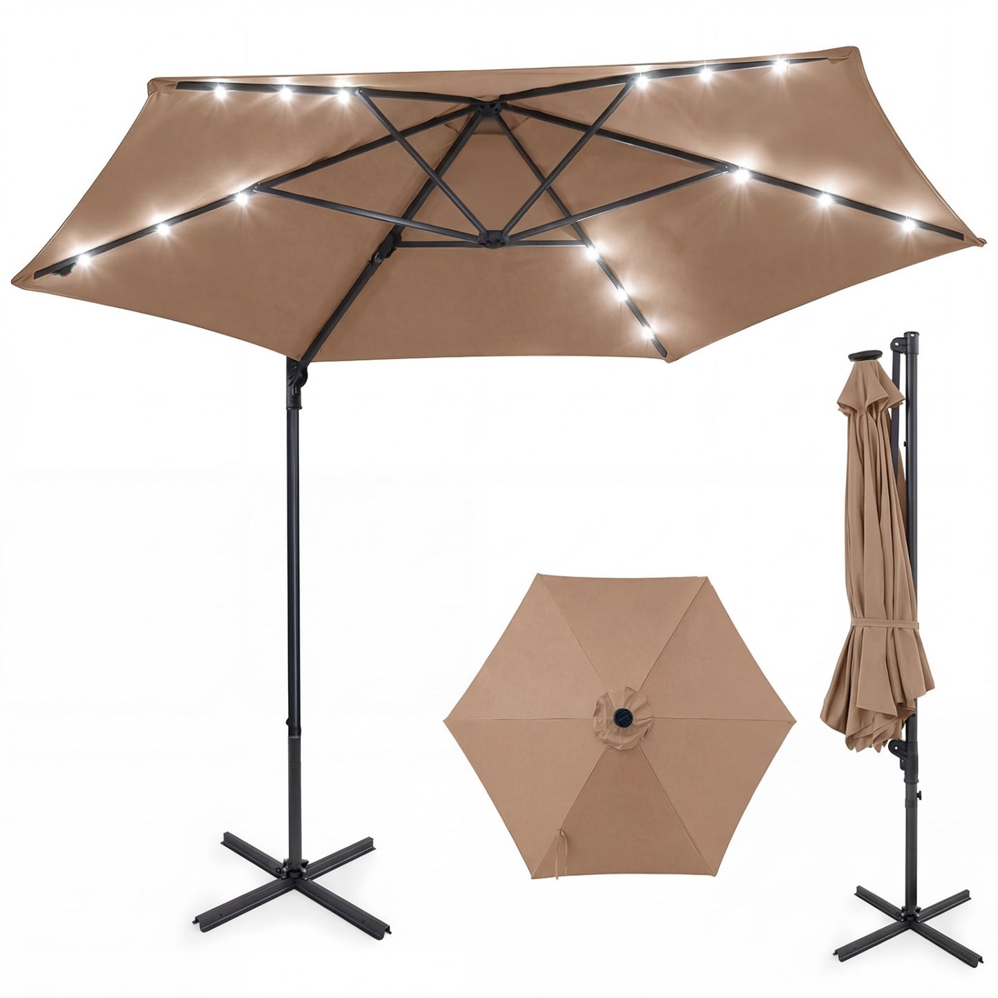 10 Feet Patio Cantilever Umbrella With Solar LED Lights, Tan Outdoor Umbrellas at Gallery Canada