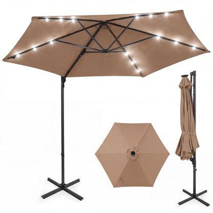 10 Feet Patio Cantilever Umbrella With Solar LED Lights, Tan Outdoor Umbrellas at Gallery Canada