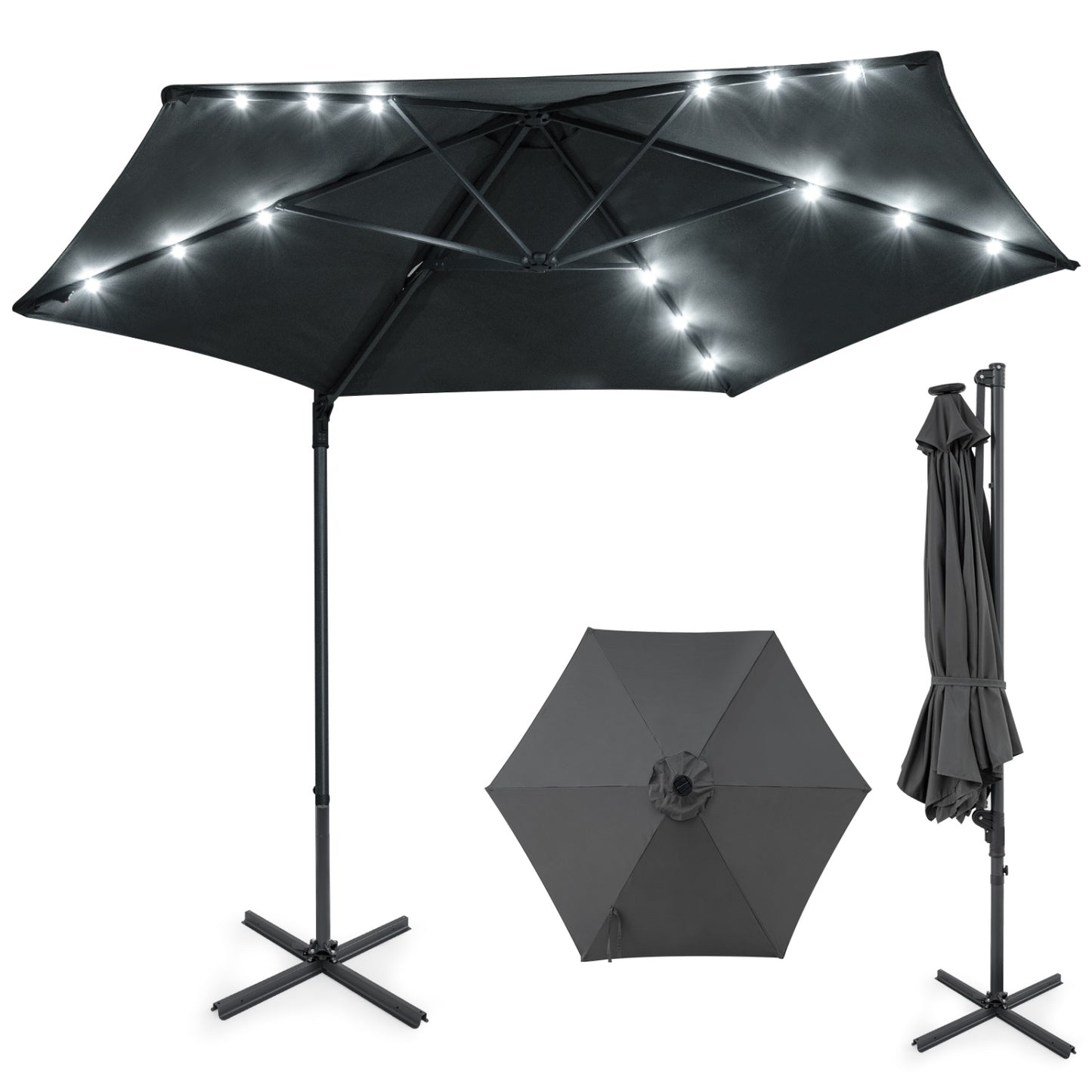 10 Feet Patio Cantilever Umbrella, Solar LED Lights, Gray Outdoor Umbrellas Gray at Gallery Canada