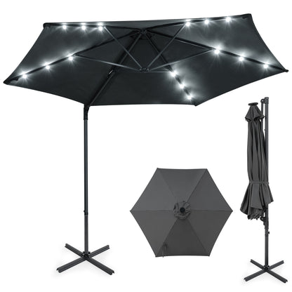 10 Feet Patio Cantilever Umbrella, Solar LED Lights, Gray Outdoor Umbrellas Gray at Gallery Canada