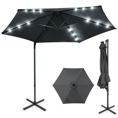 10 Feet Patio Cantilever Umbrella, Solar LED Lights, Gray