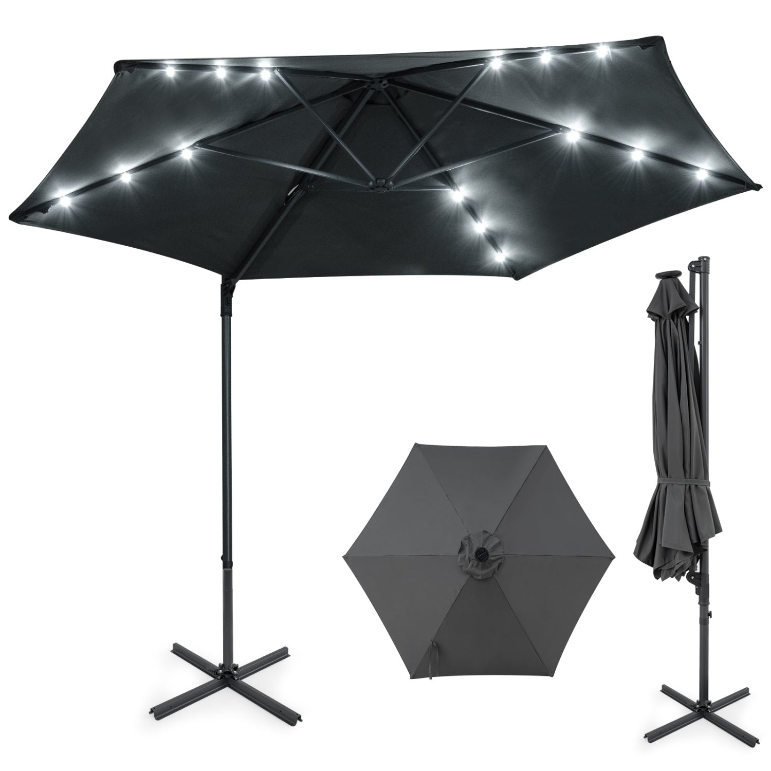 10 Feet Patio Cantilever Umbrella, Solar LED Lights, Gray Outdoor Umbrellas at Gallery Canada