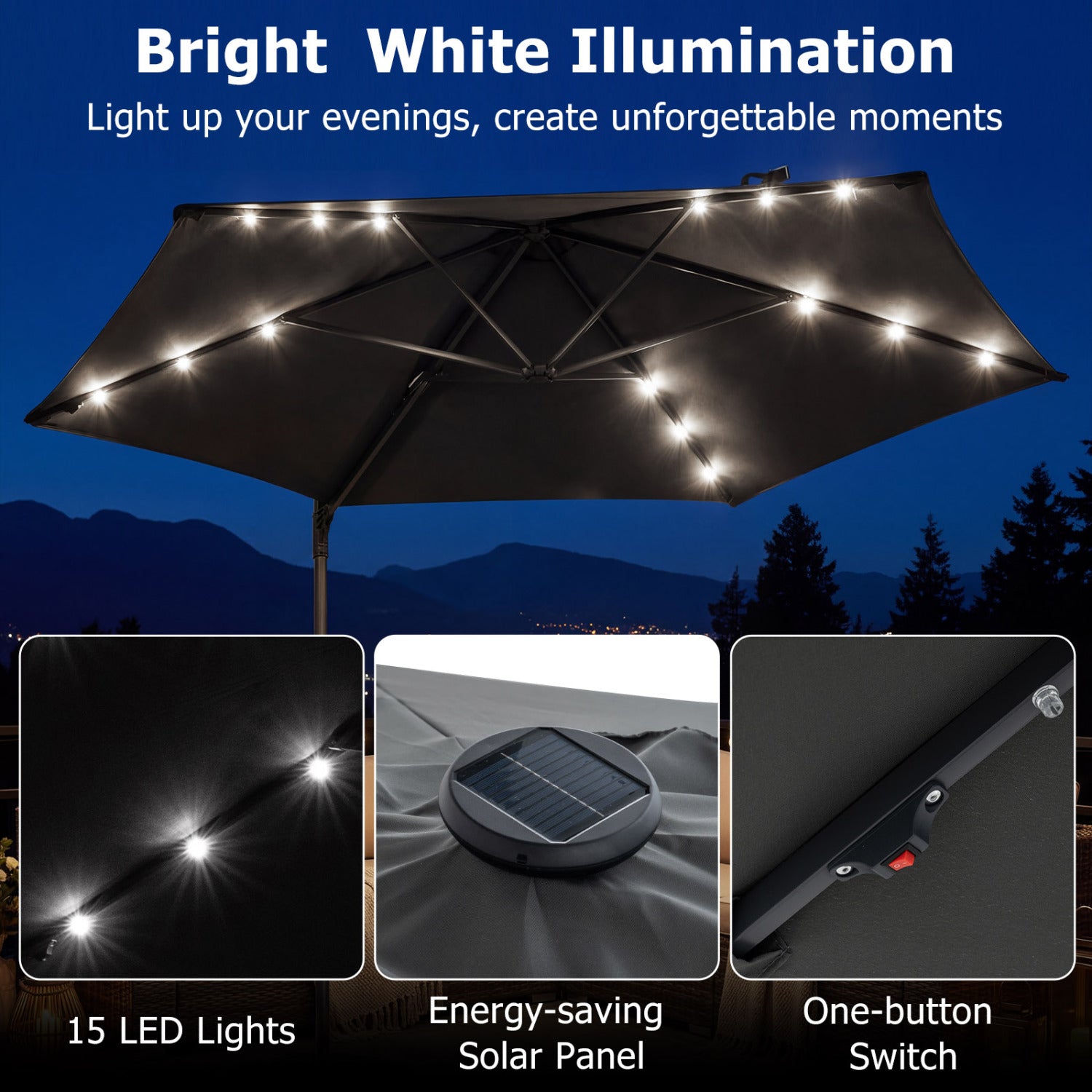 10 Feet Patio Cantilever Umbrella, Solar LED Lights, Gray Outdoor Umbrellas at Gallery Canada