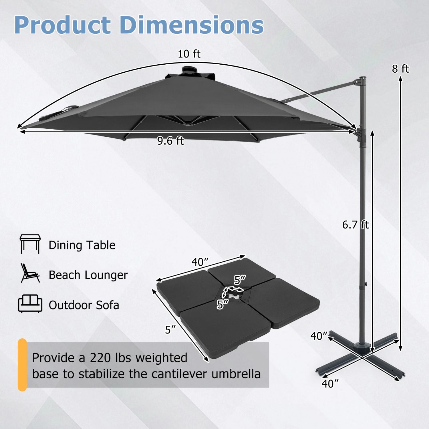 10 Feet Patio Cantilever Umbrella, Solar LED Lights, Gray Outdoor Umbrellas at Gallery Canada