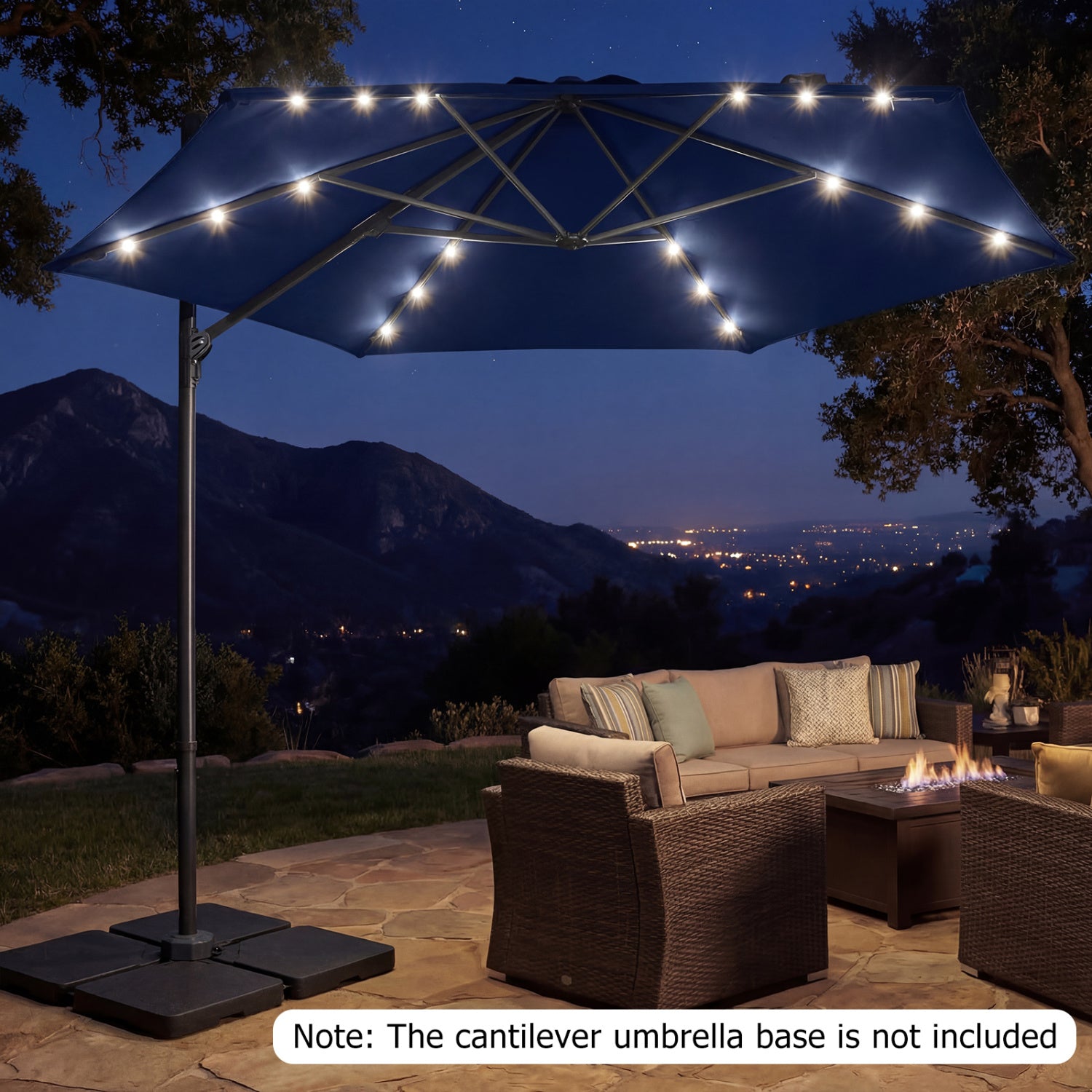 10 Feet Patio Cantilever Umbrella, Solar LED Lights, Navy Outdoor Umbrellas at Gallery Canada