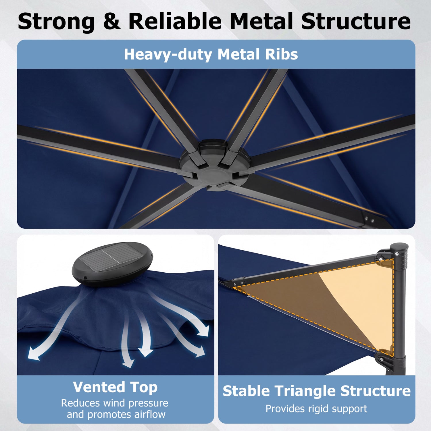 10 Feet Patio Cantilever Umbrella, Solar LED Lights, Navy Outdoor Umbrellas at Gallery Canada
