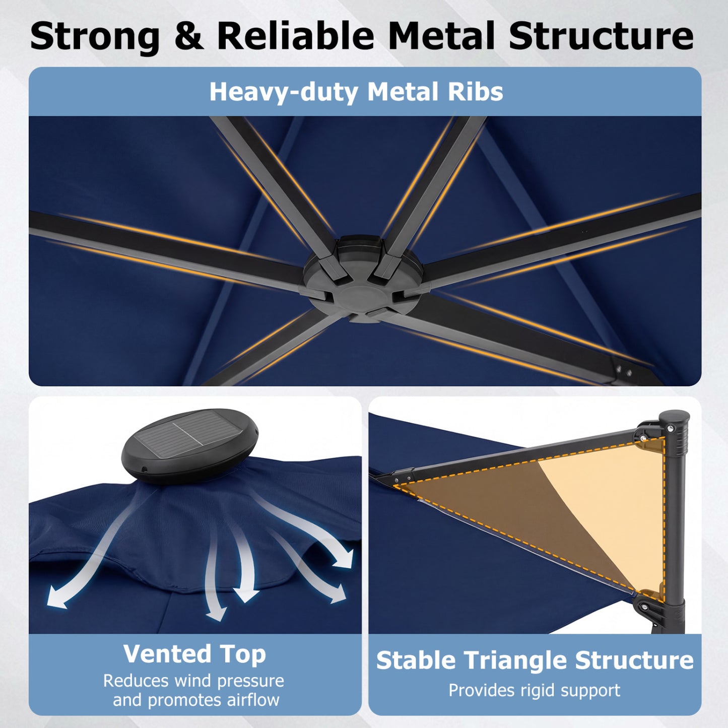 10 Feet Patio Cantilever Umbrella, Solar LED Lights, Navy Outdoor Umbrellas at Gallery Canada