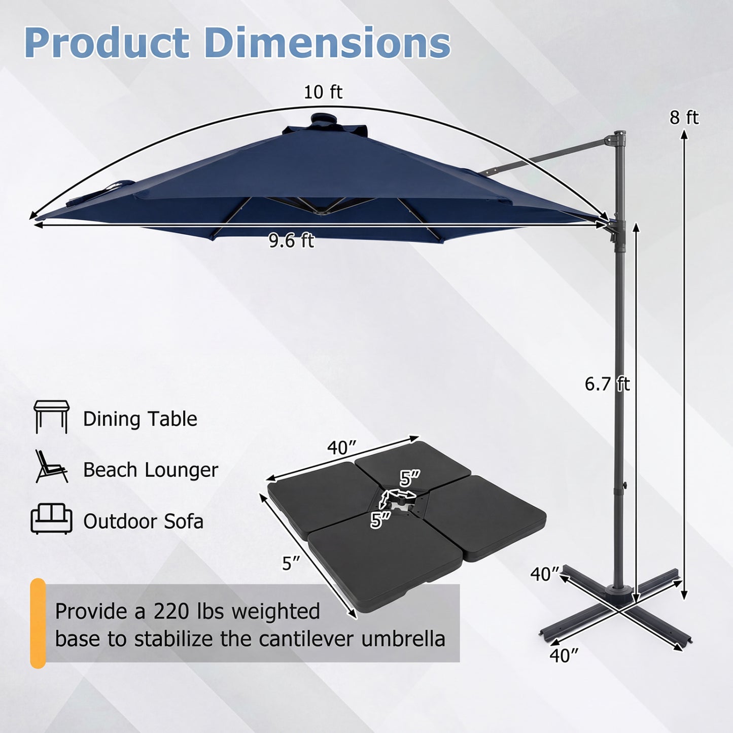 10 Feet Patio Cantilever Umbrella, Solar LED Lights, Navy Outdoor Umbrellas at Gallery Canada