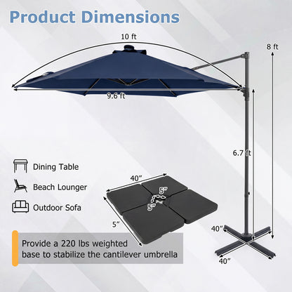 10 Feet Patio Cantilever Umbrella, Solar LED Lights, Navy Outdoor Umbrellas at Gallery Canada