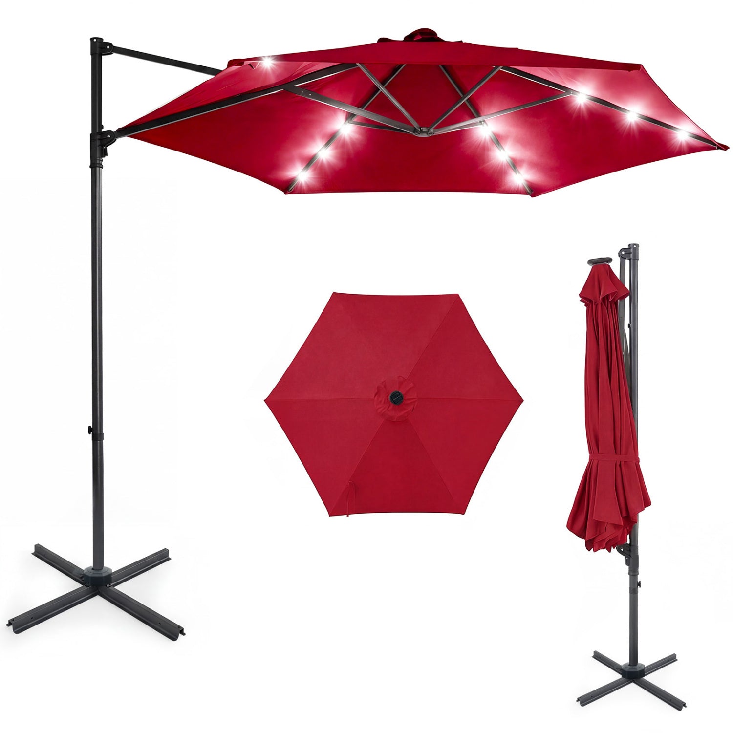 10 Feet Patio Cantilever Umbrella, Solar LED Lights, Wine Outdoor Umbrellas Wine at Gallery Canada