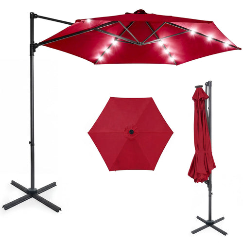 10 Feet Patio Cantilever Umbrella, Solar LED Lights, Wine