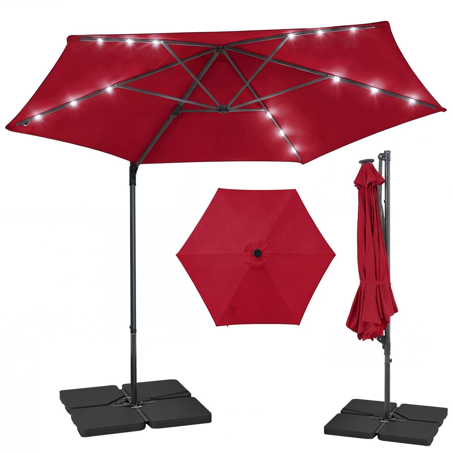 10 Feet Patio Cantilever Umbrella, Solar LED Lights, Wine Outdoor Umbrellas at Gallery Canada