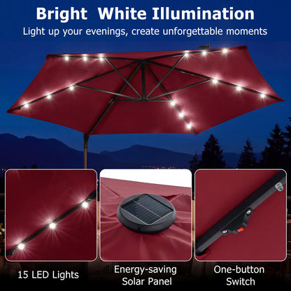 10 Feet Patio Cantilever Umbrella, Solar LED Lights, Wine Outdoor Umbrellas at Gallery Canada