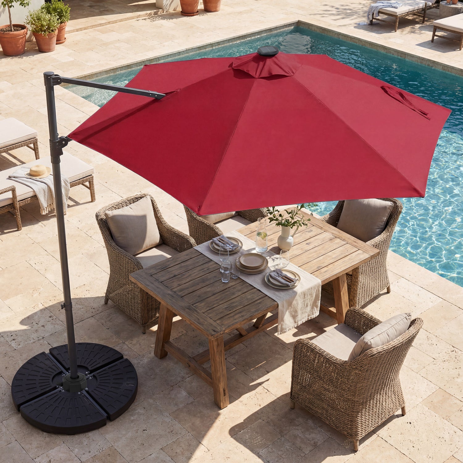 10 Feet Patio Cantilever Umbrella, Solar LED Lights, Wine Outdoor Umbrellas at Gallery Canada