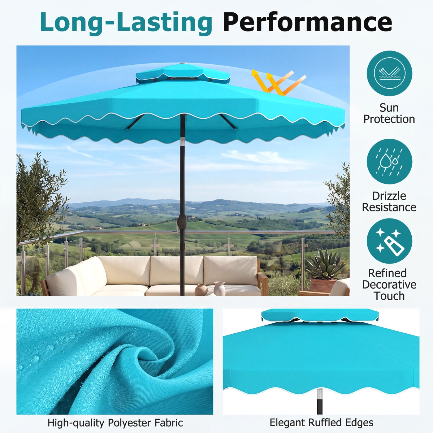 10 Feet Patio Umbrella, Push Button Tilt, Crank, Turquoise Outdoor Umbrellas at Gallery Canada