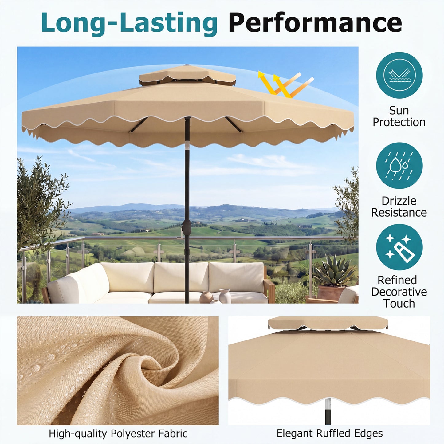 10 Feet Patio Umbrella, Push Button Tilt, Crank, Beige Outdoor Umbrellas at Gallery Canada