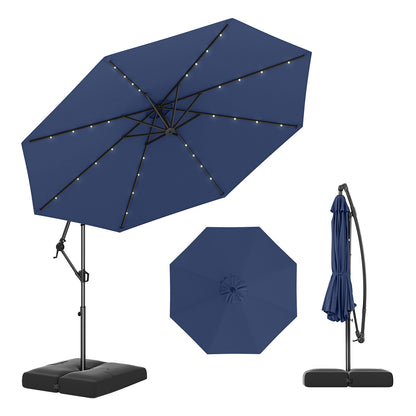 10 Feet Solar Offset Hanging Umbrella with Base and 32 LED Lights, Navy Outdoor Umbrellas Navy at Gallery Canada