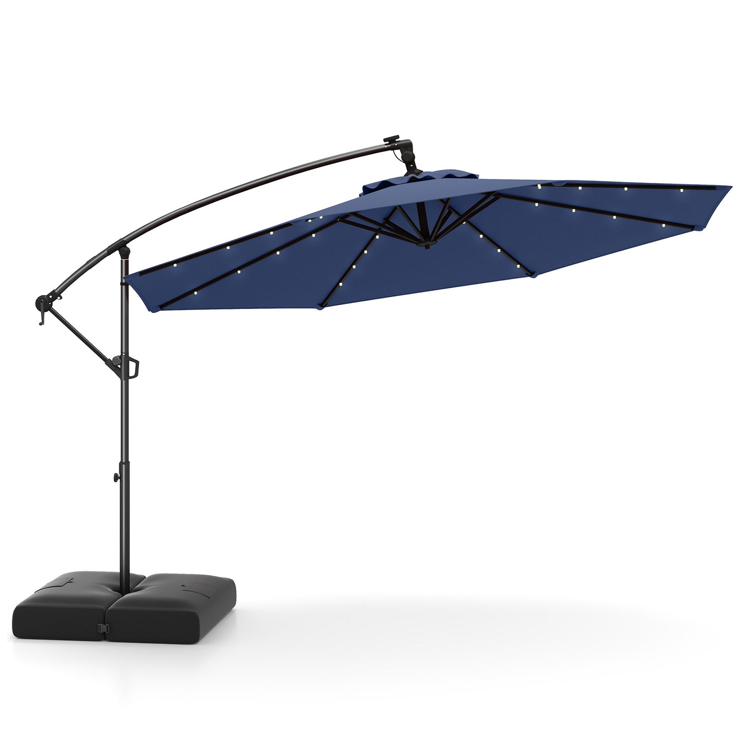 10 Feet Solar Offset Hanging Umbrella with Base and 32 LED Lights, Navy Outdoor Umbrellas at Gallery Canada