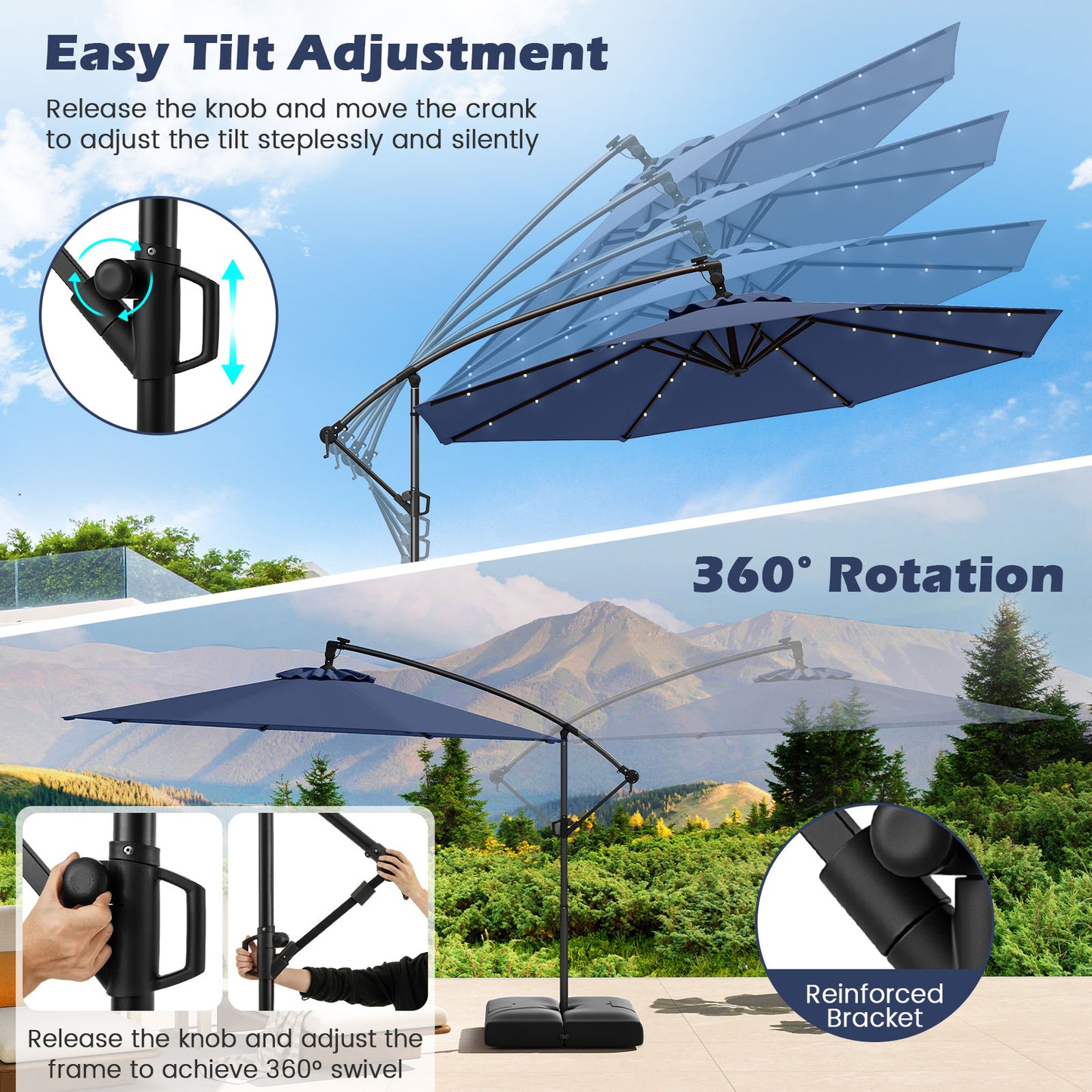 10 Feet Solar Offset Hanging Umbrella with Base and 32 LED Lights, Navy Outdoor Umbrellas at Gallery Canada
