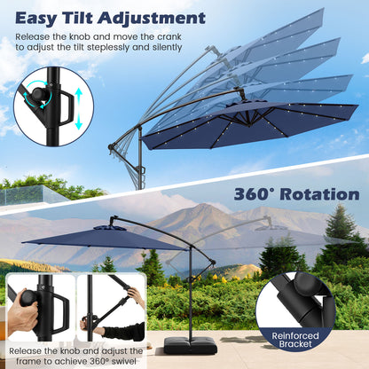 10 Feet Solar Offset Hanging Umbrella with Base and 32 LED Lights, Navy Outdoor Umbrellas at Gallery Canada