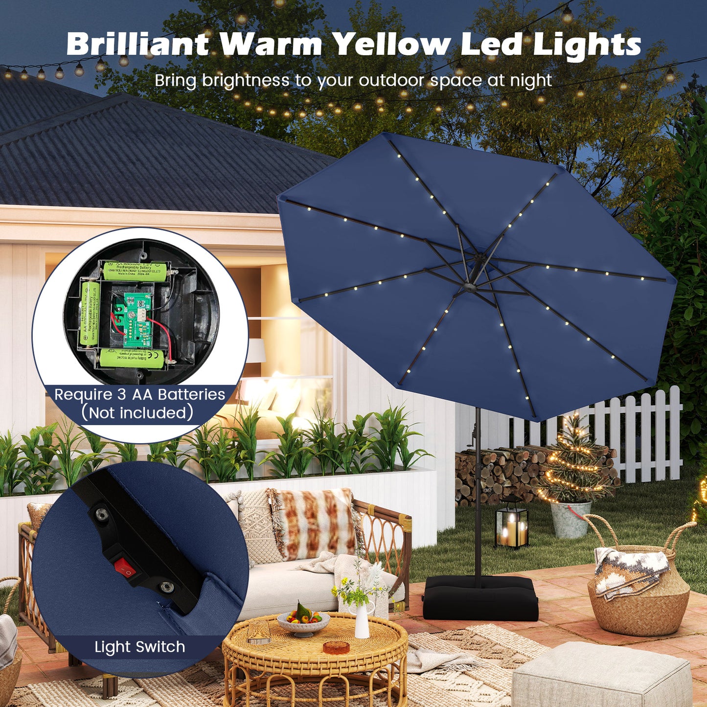10 Feet Solar Offset Hanging Umbrella with Base and 32 LED Lights, Navy Outdoor Umbrellas at Gallery Canada