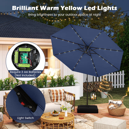 10 Feet Solar Offset Hanging Umbrella with Base and 32 LED Lights, Navy Outdoor Umbrellas at Gallery Canada