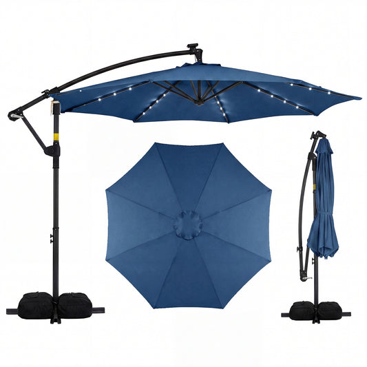 10 Feet Solar Offset Hanging Umbrella with Base and 32 LED Lights, Navy Outdoor Umbrellas Navy at Gallery Canada