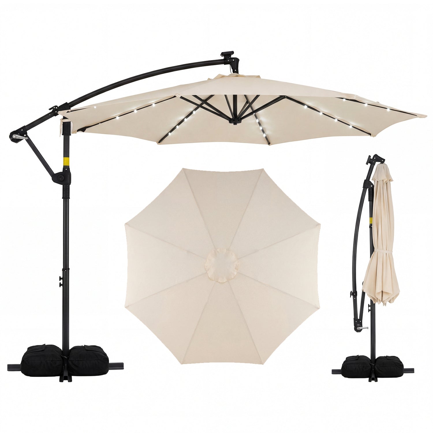 10 Feet Solar Offset Hanging Umbrella With Base And 32 LED Lights, Beige Outdoor Umbrellas at Gallery Canada