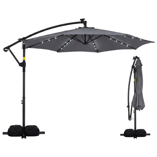 10 Feet Solar Offset Hanging Umbrella, With Base And 32 LED Lights, Gray Outdoor Umbrellas Gray at Gallery Canada