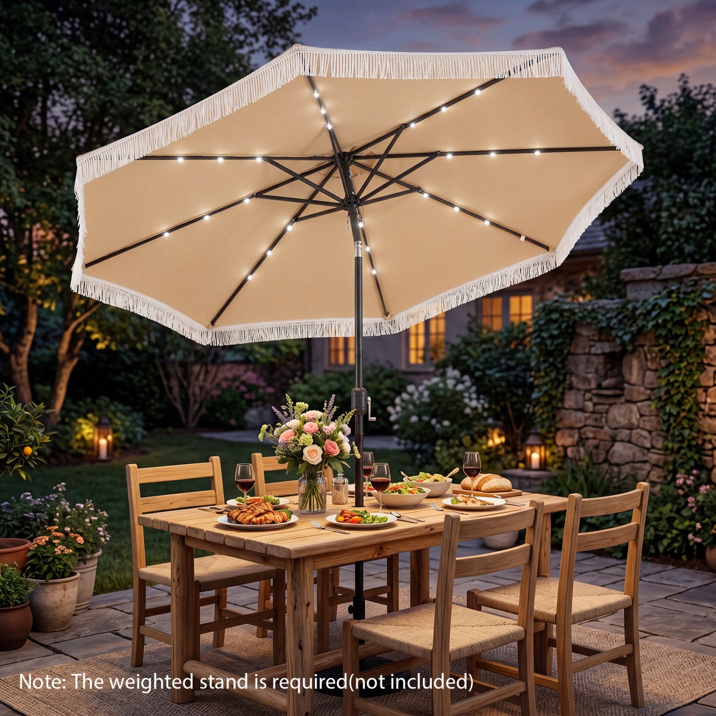 10 Ft Solar Patio Umbrella with 24 LED Lights, Beige Outdoor Umbrellas at Gallery Canada