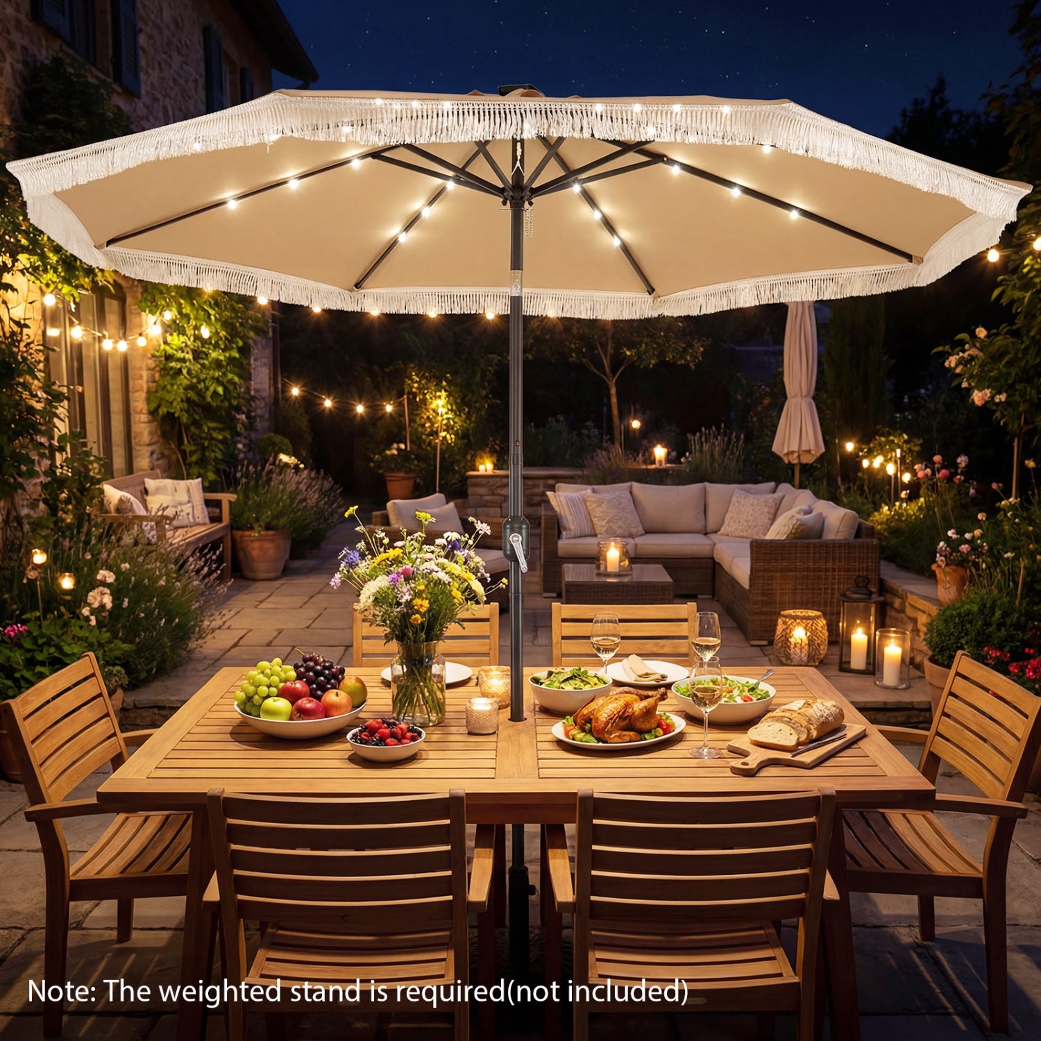 10 Ft Solar Patio Umbrella with 24 LED Lights, Beige Outdoor Umbrellas at Gallery Canada