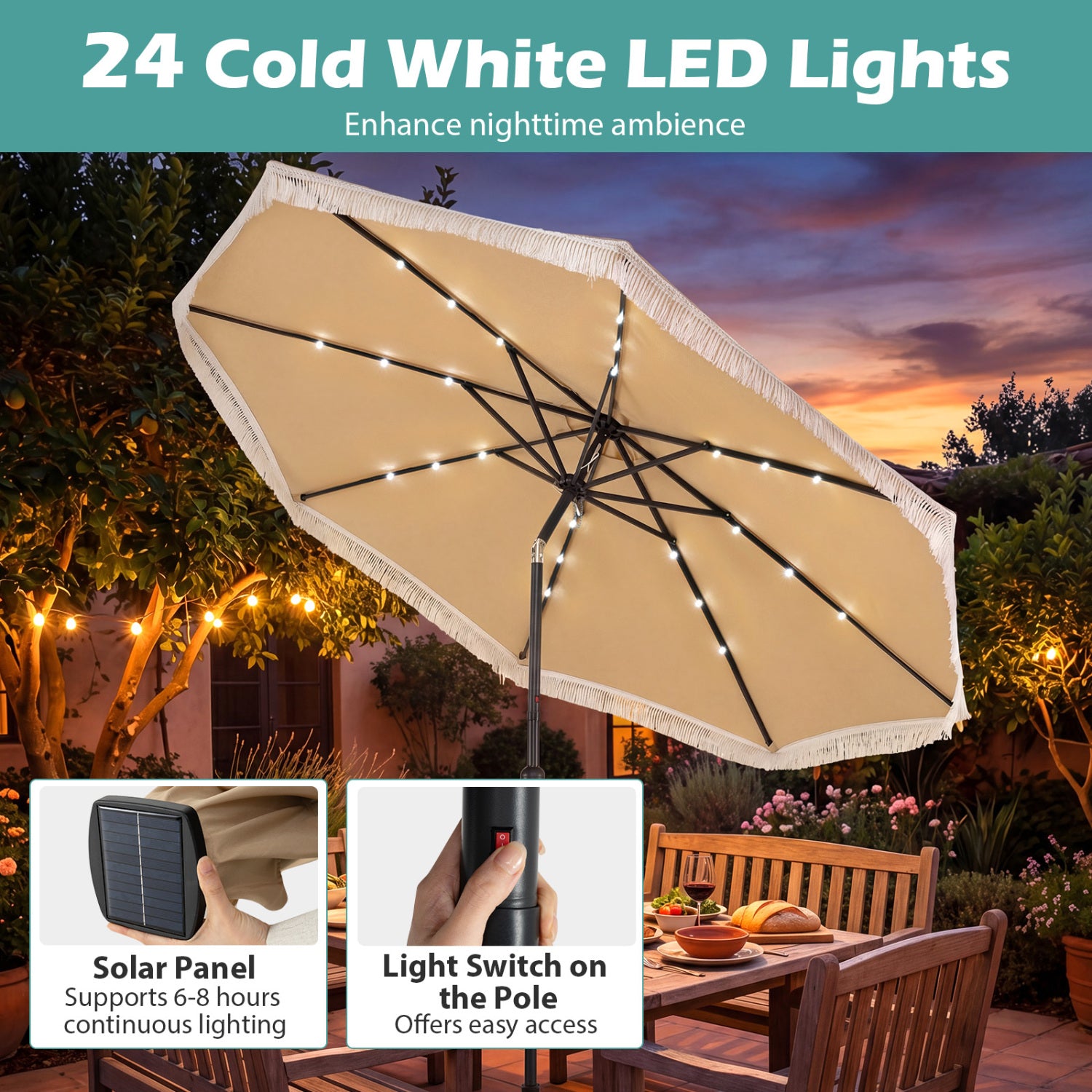 10 Ft Solar Patio Umbrella with 24 LED Lights, Beige Outdoor Umbrellas at Gallery Canada