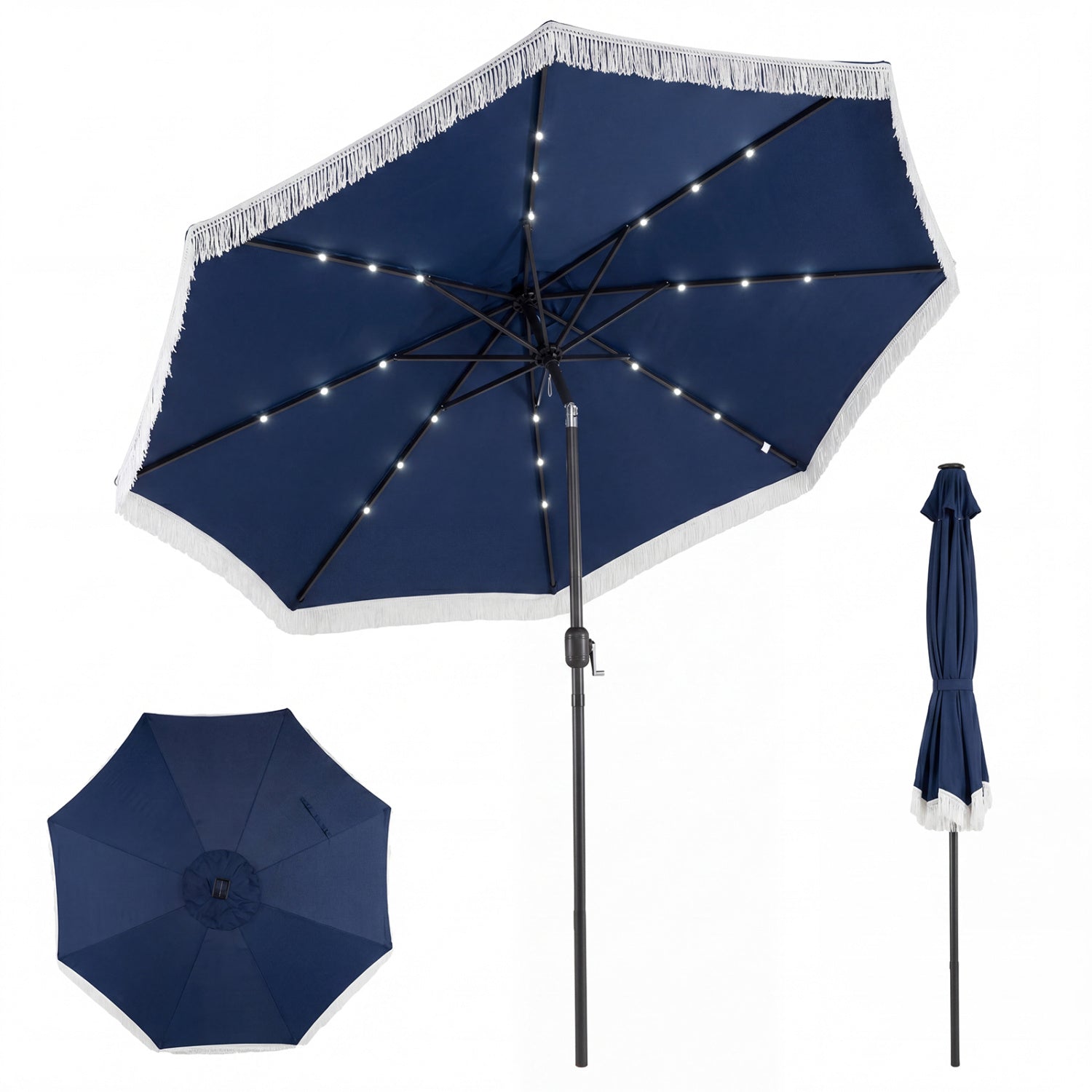 10 Feet Solar Patio Umbrella, 24 LED Lights, Navy Outdoor Umbrellas at Gallery Canada