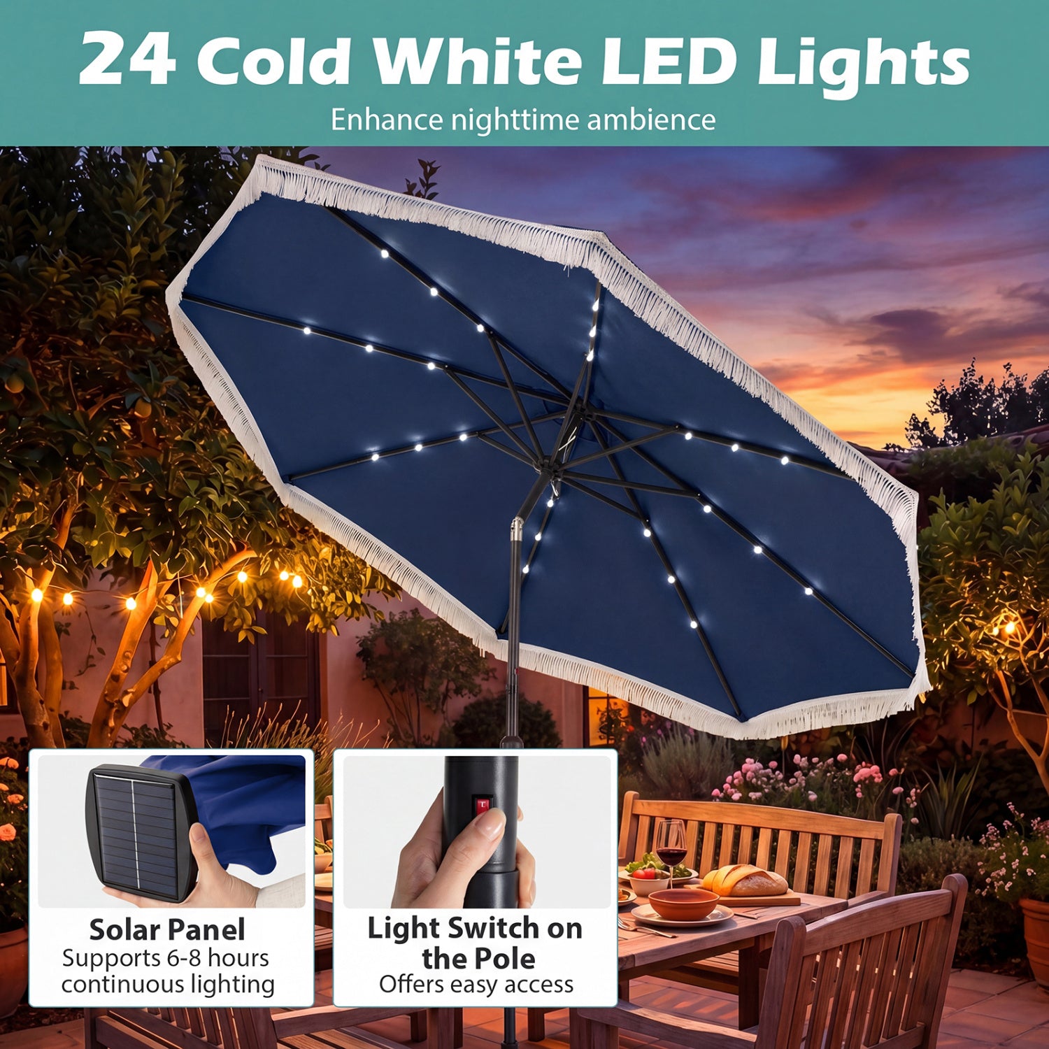 10 Feet Solar Patio Umbrella, 24 LED Lights, Navy Outdoor Umbrellas at Gallery Canada