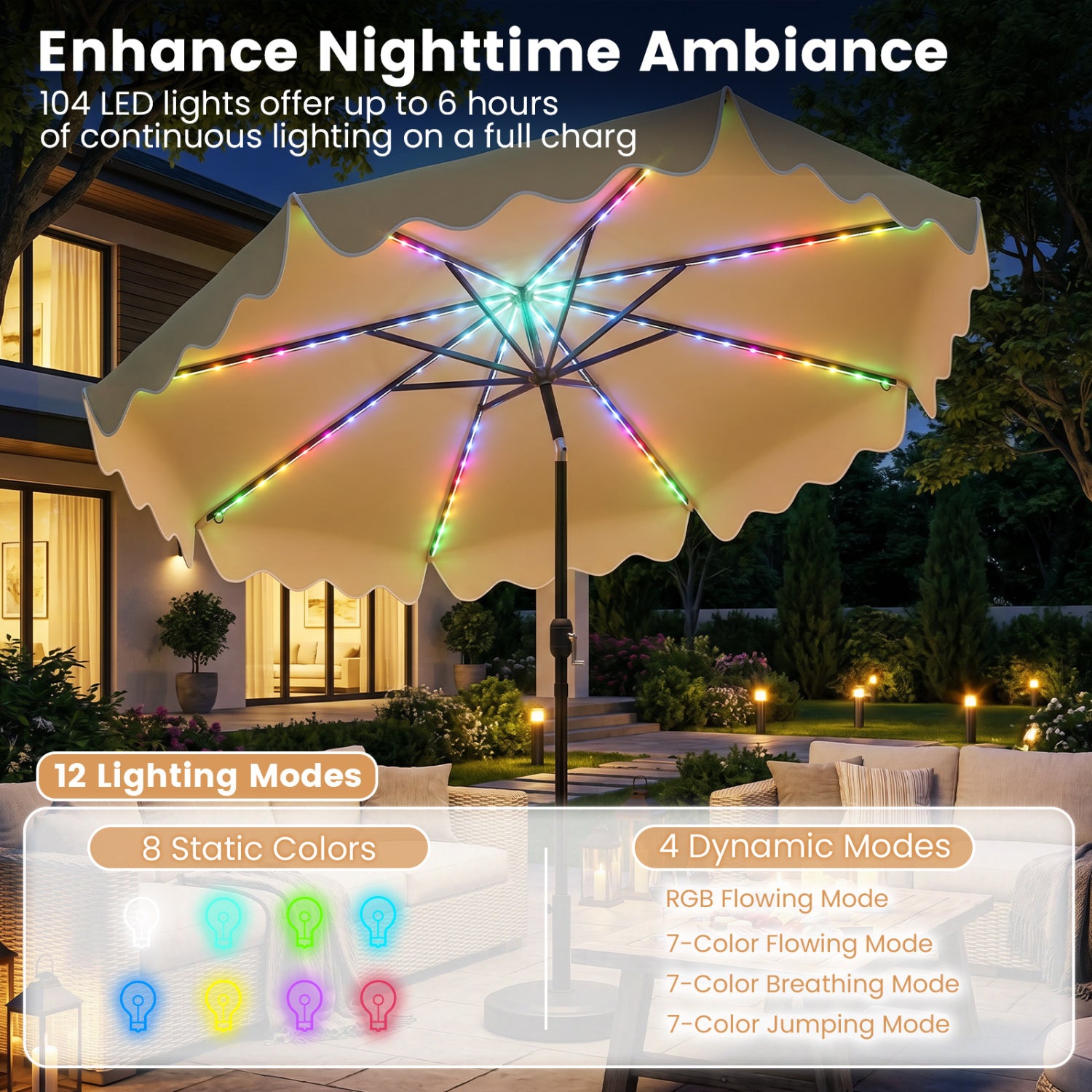 10 Feet Solar Patio Umbrella with Color-Changing LED Lights, Beige Outdoor Umbrellas at Gallery Canada