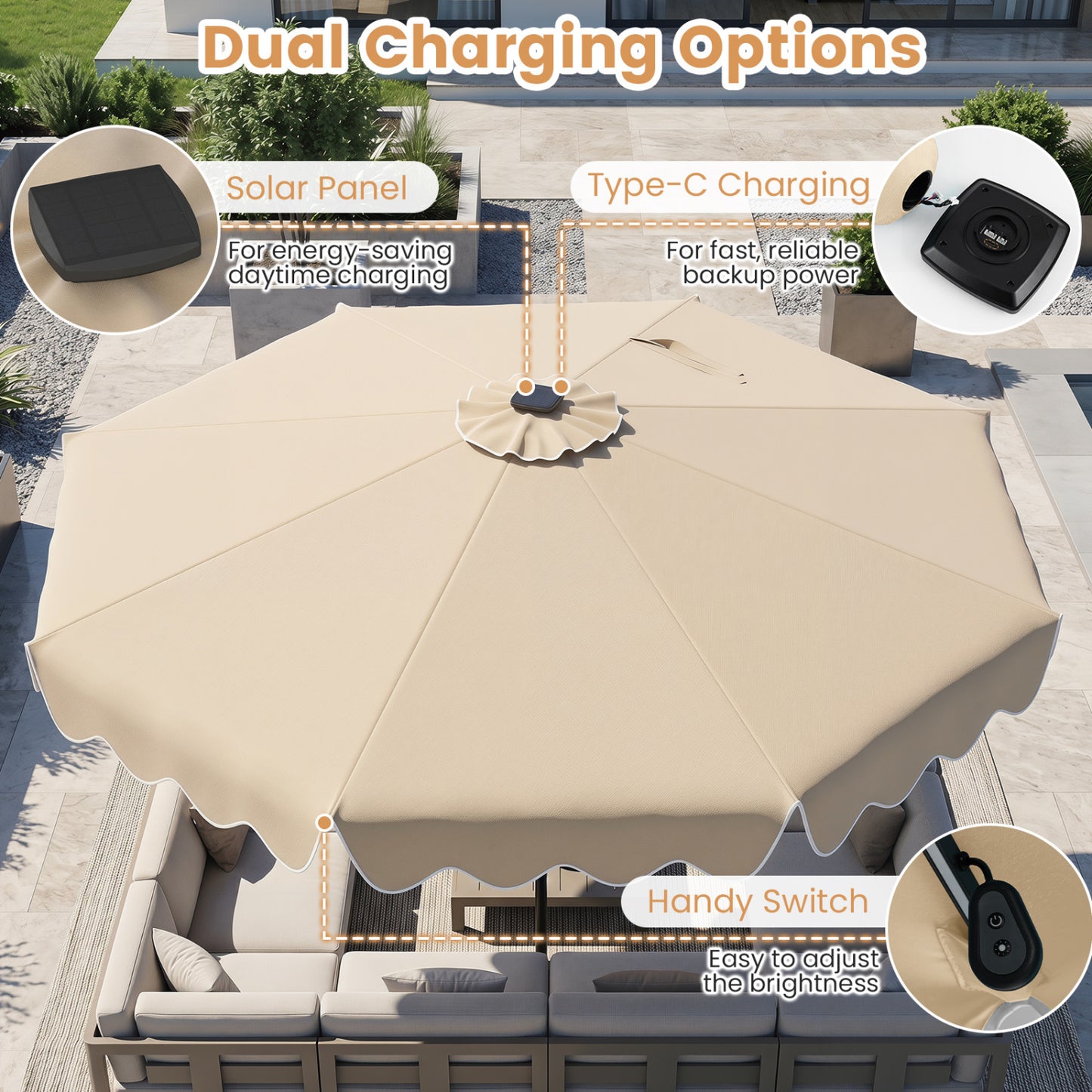 10 Feet Solar Patio Umbrella with Color-Changing LED Lights, Beige Outdoor Umbrellas at Gallery Canada