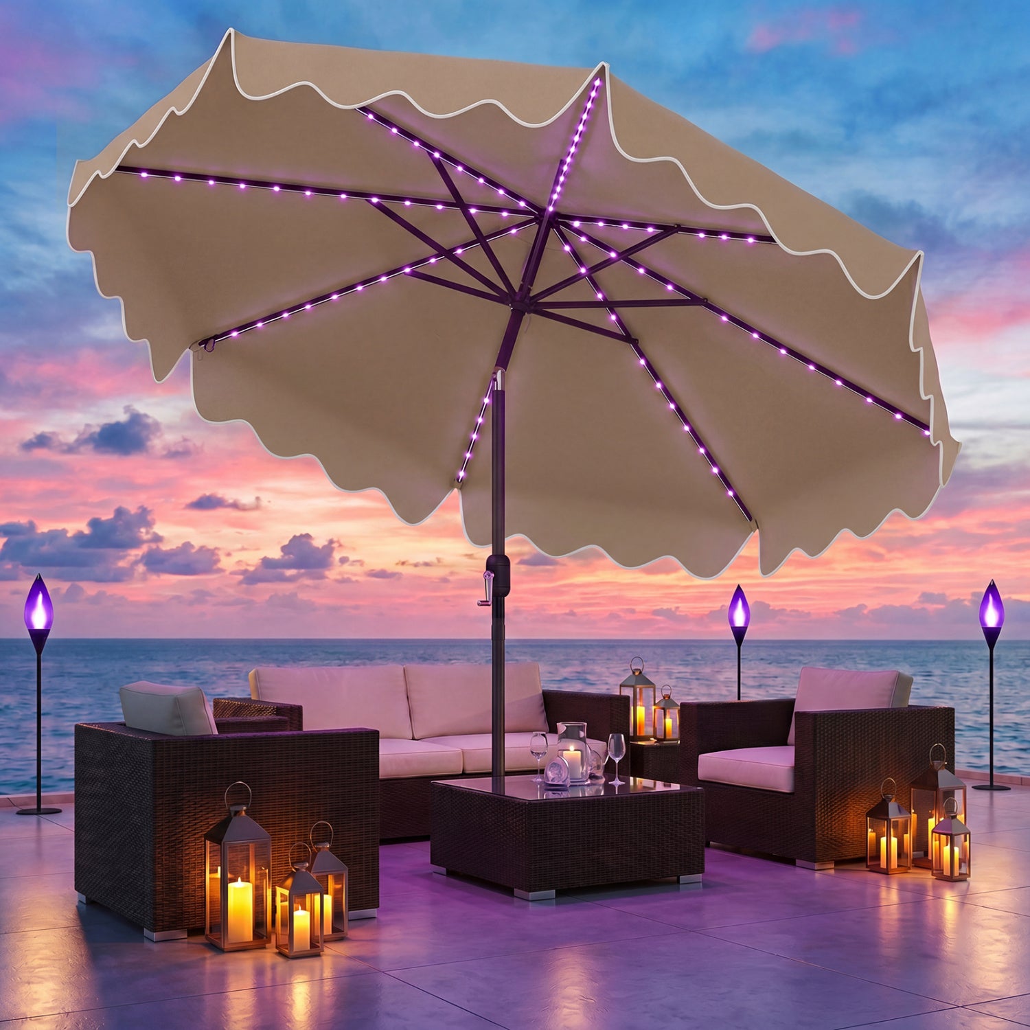10 Feet Solar Patio Umbrella with Color-Changing LED Lights, Brown Outdoor Umbrellas at Gallery Canada