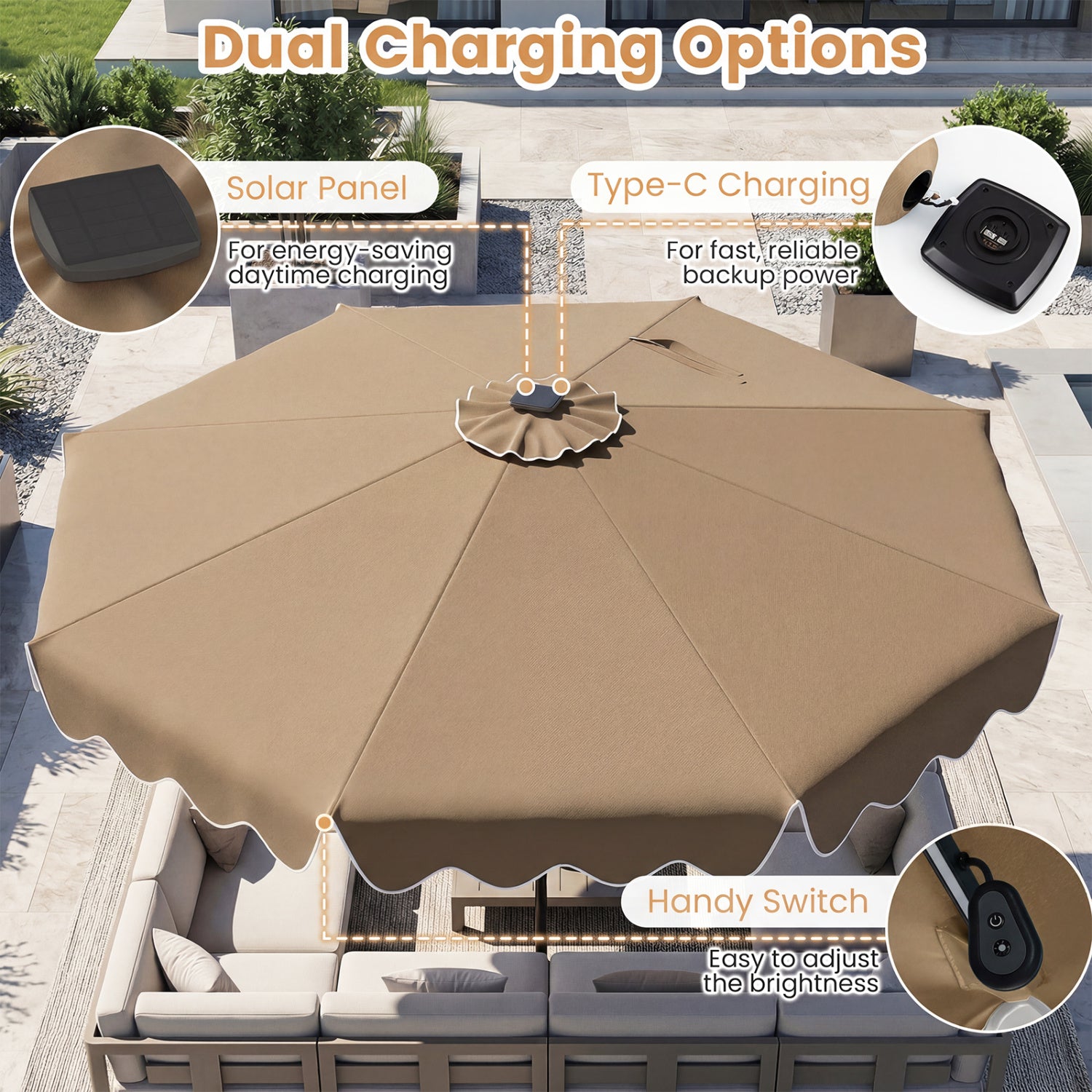 10 Feet Solar Patio Umbrella with Color-Changing LED Lights, Brown Outdoor Umbrellas at Gallery Canada